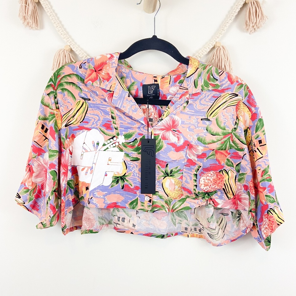LF The Brand Pink Floral Cropped Button Up Top S